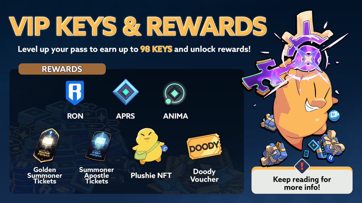 (1/3) 🧵  
🗝️ Supercharge your Battle Pass rewards this season!  
Unlock VIP Keys for epic rewards as you level up.
  
🎮Prizes include $APRS, $RON, Pushies, exclusive Doody Vouchers, and the ultimate prize: becoming among the first to unlock the Summoner Apostle!