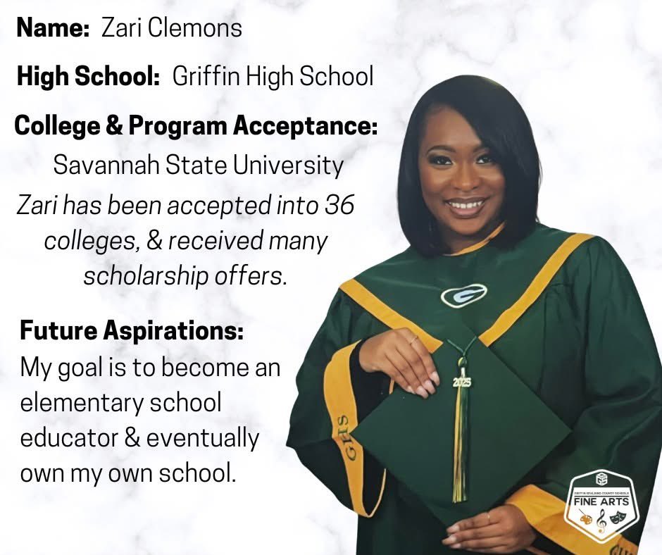 Fine Arts Senior Spotlight:
Please help us congratulate Zari Clemons on her recent acceptance to Savannah State University! <a href="/GriffinSpalding/">Griffin-Spalding K12</a> <a href="/GriffinHS/">Griffin High School</a>