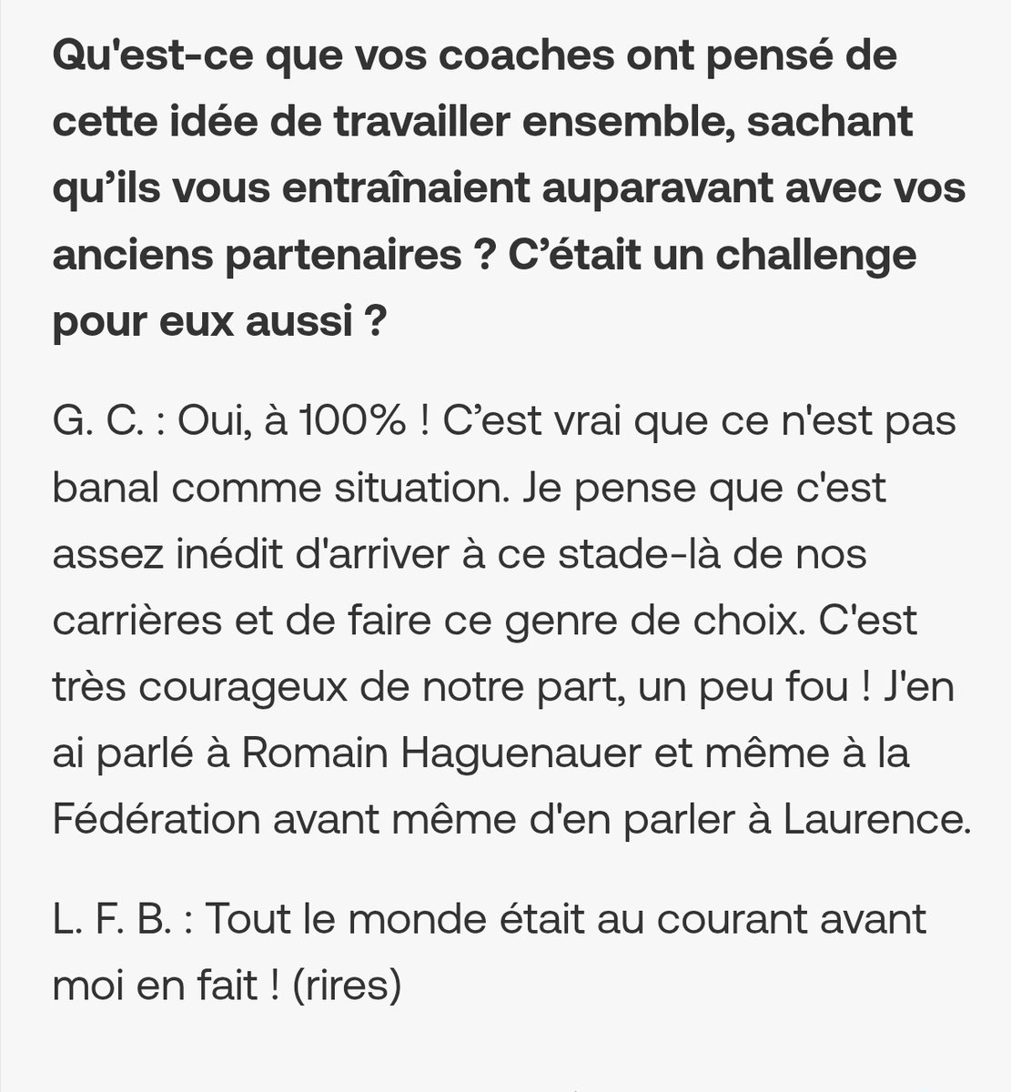 It's even worse than that, look what FB/C just casually said in another new interview 😬

Guillaume: [...] I spoke to Romain Haguenauer and even to the [French] Federation before even speaking to Laurence.
Laurence: Everyone knew about it before me actually! (laughs)