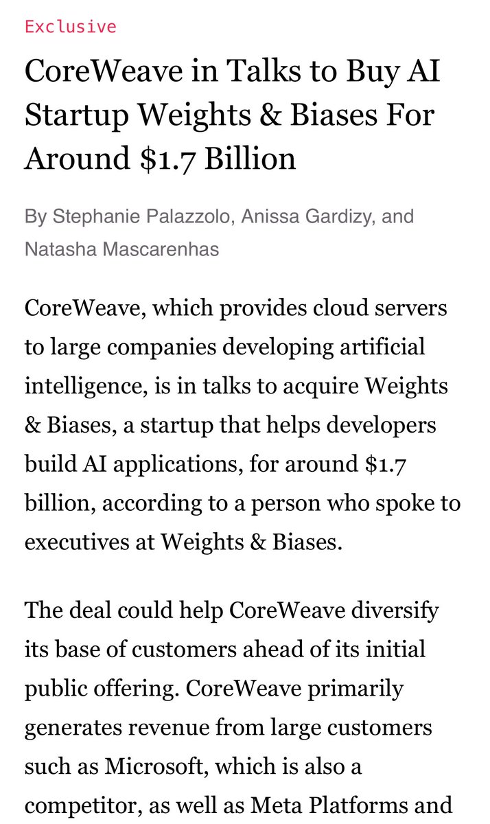CoreWeave in Talks to Buy AI Startup Weights &amp; Biases For Around $1.7 Billion