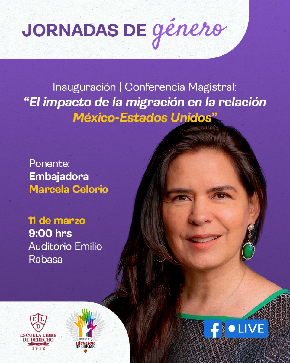💜 Te invitamos a la inauguración de nuestras Jornadas de Género 💜

Únete a la reflexión sobre el impacto de la migración en la relación México-Estados Unidos.

🎤 Conferencia Magistral con la Embajadora Marcela Celorio
📍 Auditorio Emilio Rabasa
📅 11 de marzo | ⏰ 9:00 AM

¡Te