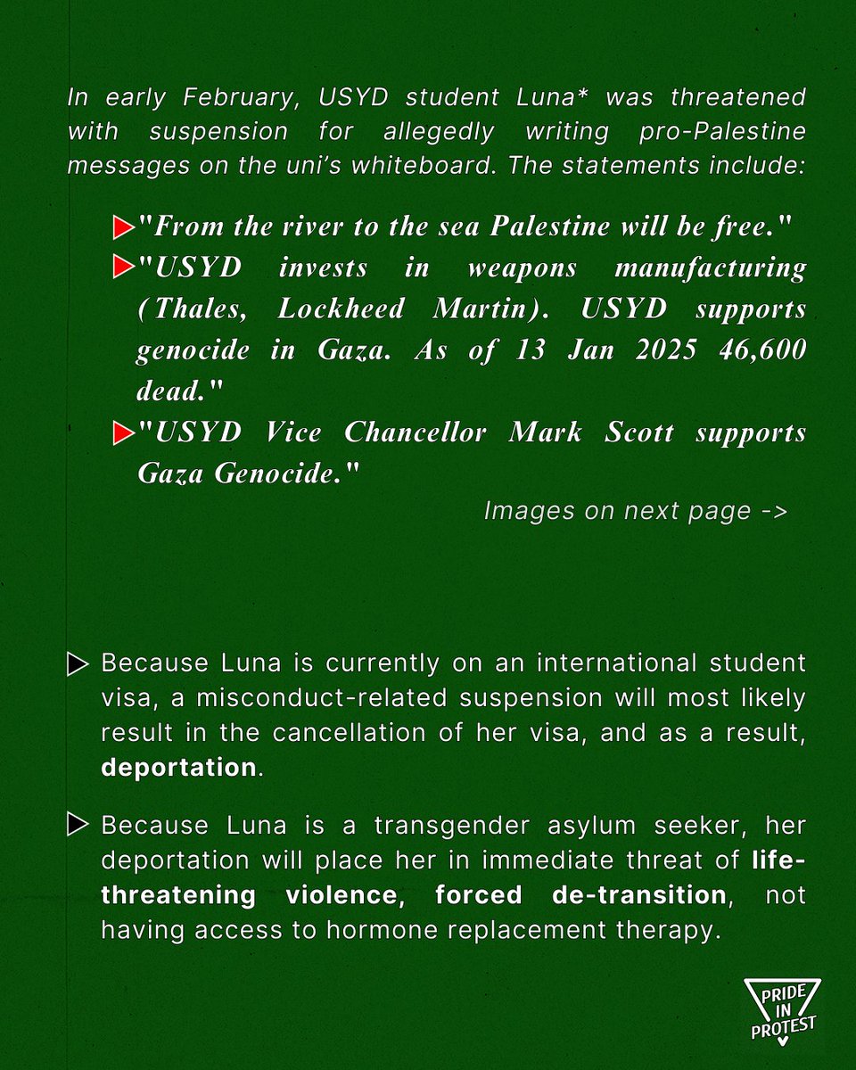 prideinprotest's tweet photo. Breaking News: USYD THREATENS TO DEPORT TRANSGENDER ASYLUM SEEKER FOR PALESTINE ACTIVISM
A trans student seeking asylum is facing threats of deportation from @Sydney_Uni for allegedly writing pro-Palestine slogans on university whiteboards. [1/2]
#Queers4Palestine #FreeLuna https://t.co/GHtZGtdqE4