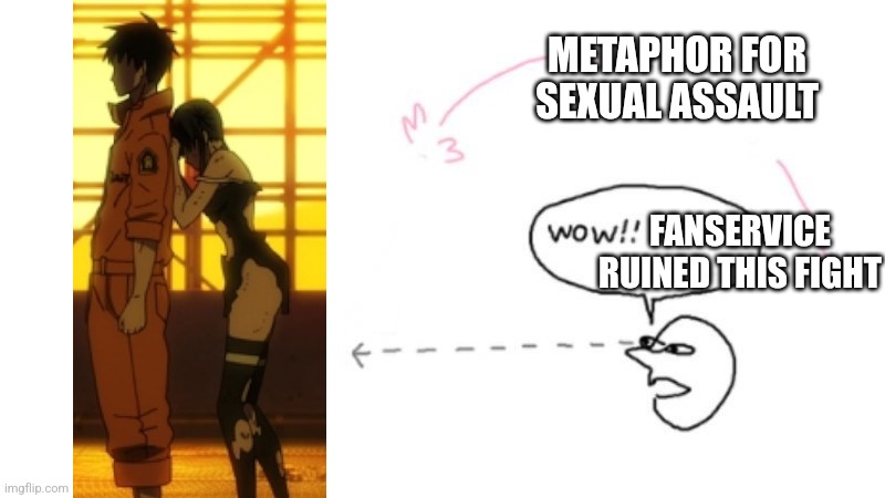 SirKickass's tweet image. My most woke anime opinion is that people grossly misunderstand the Rekka vs Shinra/Tamaki and unironically blame the woman for the actions of her assailant