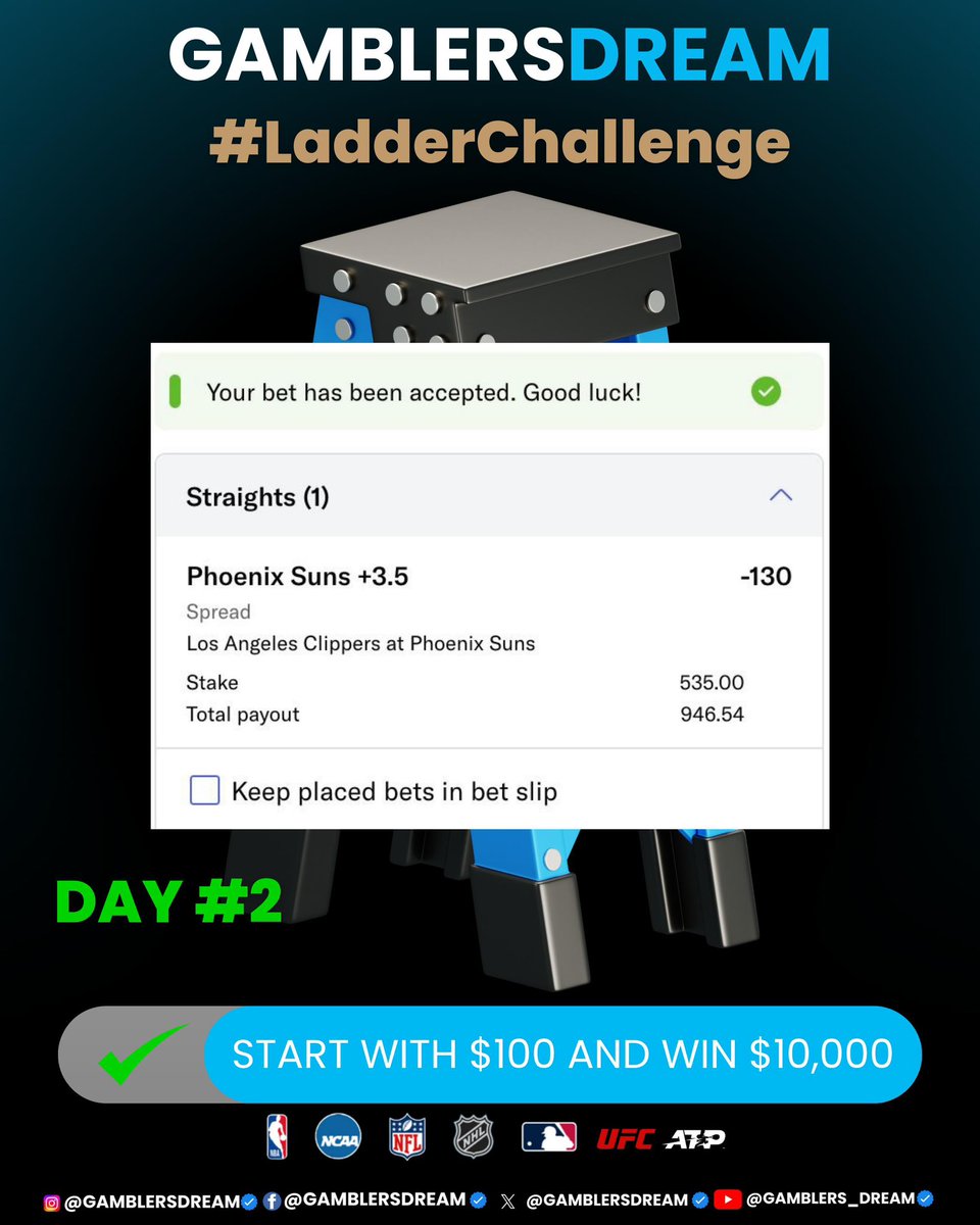THE PREMIUM (@gamblersdream) on Twitter photo ๐ช GAMBLERS DREAM 10K CHALLENGE
#LadderChallenge
Brought to you by <a href="/GamblersDream/">THE PREMIUM</a>
$50.00 to (2) PEOPLE IF THIS PLAY WINS
RT + LIKE TO ENTER ๐
(Must be following)
#ClipperNationย #SunsUp ๐ช GAMBLERS DREAM 10K CHALLENGE
#LadderChallenge
Brought to you by <a href="/GamblersDream/">THE PREMIUM</a>
$50.00 to (2) PEOPLE IF THIS PLAY WINS
RT + LIKE TO ENTER ๐
(Must be following)
#ClipperNationย #SunsUp