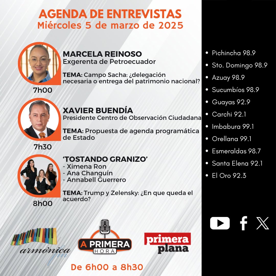 🎙️Agenda del noticiero #APrimeraHora | Miércoles, 5 de marzo de 2025.

➡️ <a href="/marcela_reinoso/">Marcela</a> 
➡️ <a href="/xbuendia2024/">Xavier Buendía</a>
➡️ <a href="/tostandogranizo/">@TostandoGranizo</a> 

⏰ Los esperamos desde las 06h00 am, con <a href="/fabriciovelav/">Fabricio Vela</a> y <a href="/AndreaOrbe5/">Andrea Orbe Saltos</a>.