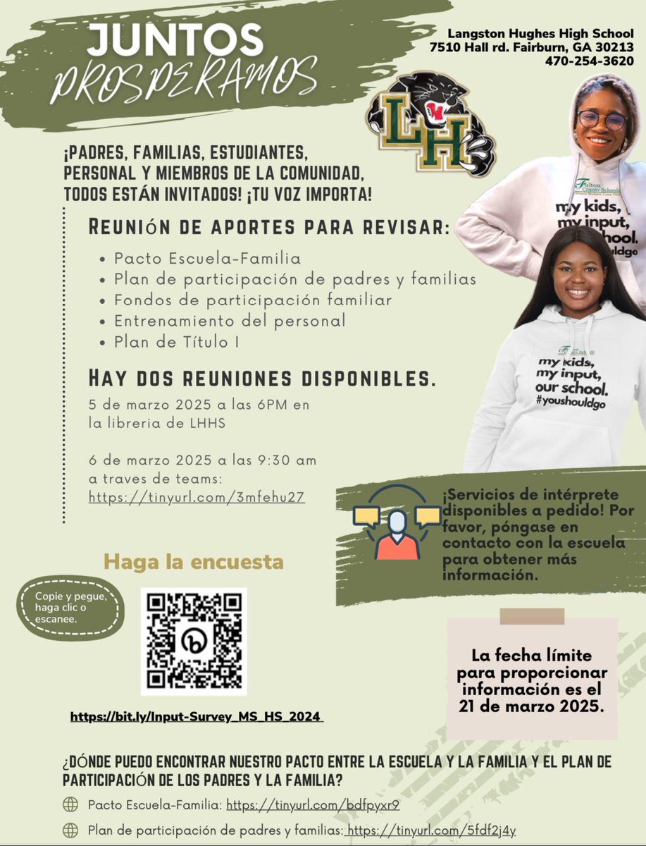 Tomorrow/Mañana &amp; Thursday/Jueves! <a href="/LHughesNews/">Langston Hughes High School</a> <a href="/parents4edu_SF/">South Fulton Parents</a>