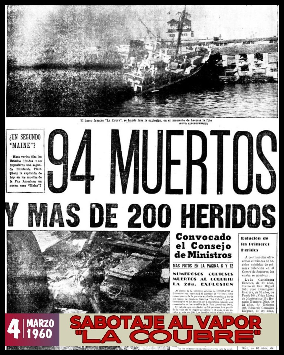 LeidyLa52204542's tweet photo. Hoy recordamos el trágico sabotaje al vapor "La Coubre" en 1960. La explosión cobró vidas y heridos, pero fortaleció la resistencia del pueblo cubano. El pueblo y el gobierno respondieron con firmeza bajo la consigna "¡Patria o Muerte!"
#TenemosMemoria https://t.co/um49rdc1PF