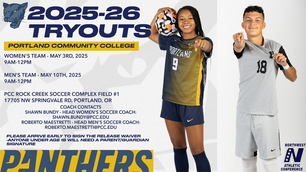 PCC Panthers Athletics (@panthers_pcc) on Twitter photo Tryout Dates Set for Men's and Women's Soccer panthers.pcc.edu/news/2025/3/3/… <a href="/PortlandCC/">Portland Community College</a> Tryout Dates Set for Men's and Women's Soccer panthers.pcc.edu/news/2025/3/3/… <a href="/PortlandCC/">Portland Community College</a>