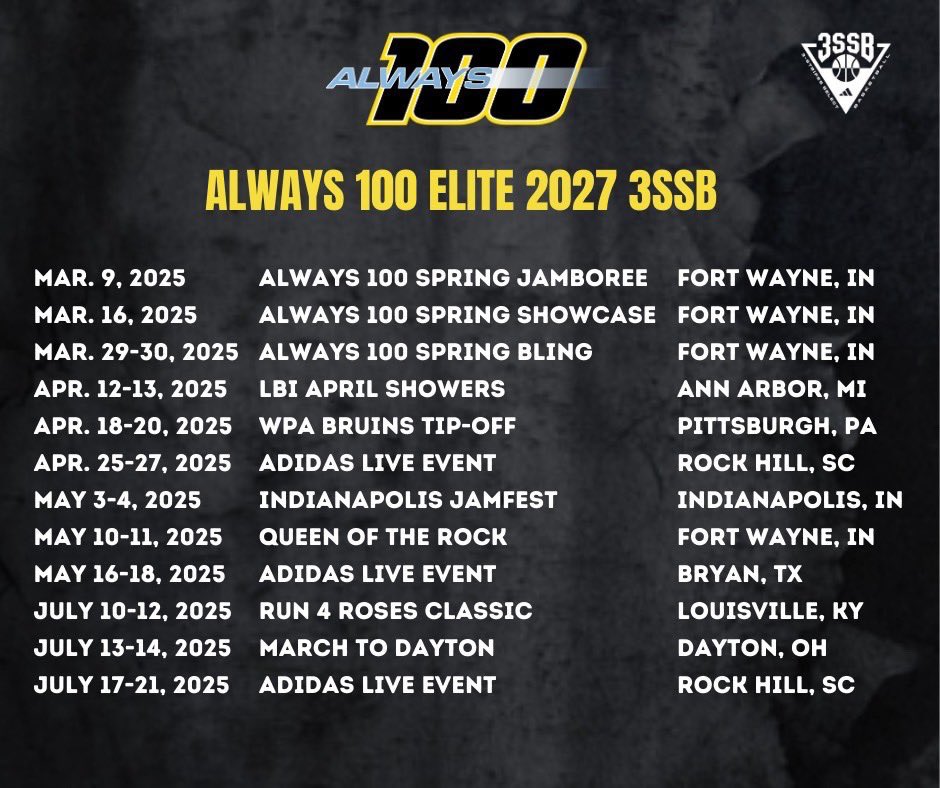 This season AAU schedule! Cant wait!!! <a href="/A1G_24/">Always 100 3SSB 2027</a> <a href="/N_Gamble27/">Nick Gamble</a> <a href="/vjhAlways100/">Always 100</a>