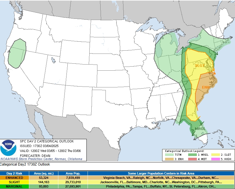 oralcarter's tweet image. #severweather spots on Wednesday 

Day 2 Convective Outlook  
   NWS Storm Prediction Center Norman OK
   1130 AM CST Tue Mar 04 2025

   Valid 051200Z - 061200Z

   ...THERE IS AN ENHANCED RISK OF SEVERE THUNDERSTORMS WEDNESDAY
   ACROSS PARTS OF EASTERN SOUTH CAROLINA...EASTERN