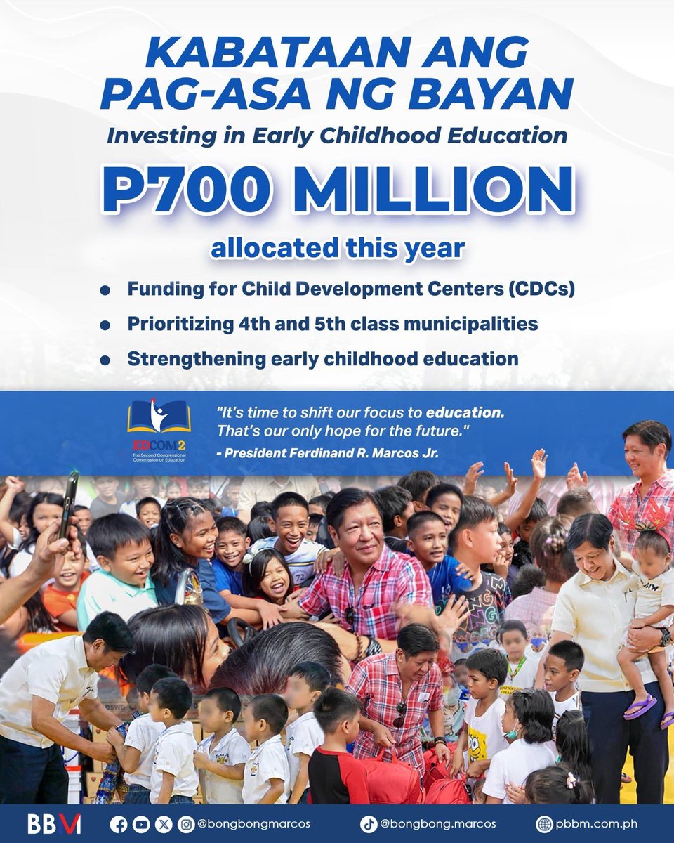 PIADesk's tweet image. 𝗕𝗮𝗴𝗼𝗻𝗴 𝗽𝗮𝗴-𝗮𝘀𝗮 𝗽𝗮𝗿𝗮 𝘀𝗮 𝗯𝗮𝘄𝗮𝘁 𝗯𝗮𝘁𝗮𝗻𝗴 𝗣𝗶𝗹𝗶𝗽𝗶𝗻𝗼
Ibinahagi ni Pangulong @bongbongmarcos ang planong pagtatayo ng mga Child Development Center sa mga lugar na walang sapat na paaralan upang masigurong may maayos na simula ang kanilang kinabukasan.
