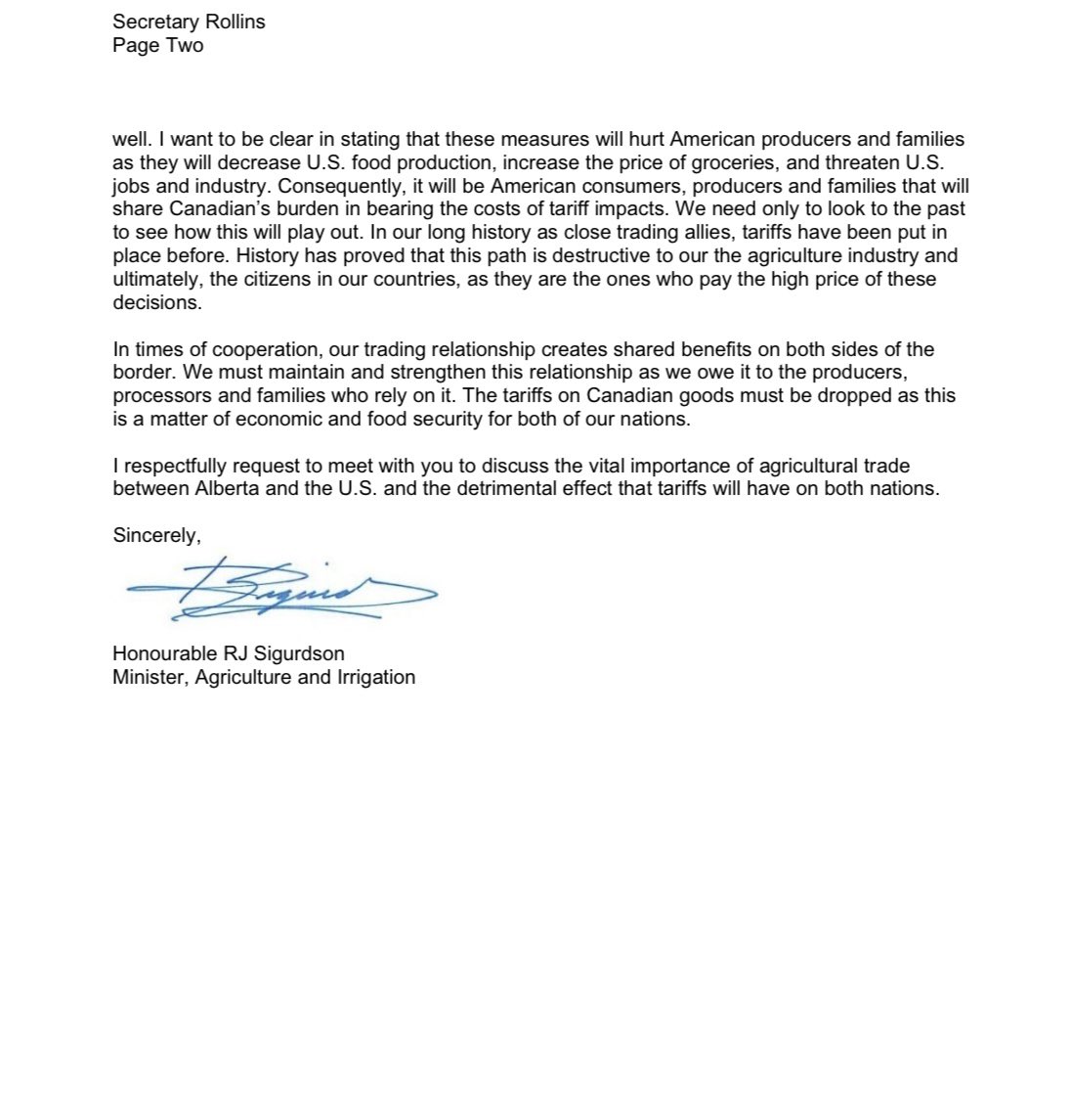 See my letter to U.S. Secretary of Agriculture, Brooke Rollins, in response to the implementation of tariffs on Canadian goods. 
This will have a critical impact not just on our economy, but on U.S. farmers, consumers, and North American food security. Now is the time to