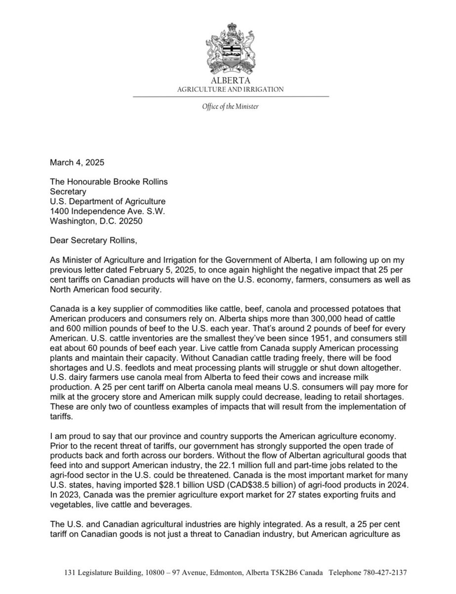 RjSigurdson's tweet photo. See my letter to U.S. Secretary of Agriculture, Brooke Rollins, in response to the implementation of tariffs on Canadian goods. 
This will have a critical impact not just on our economy, but on U.S. farmers, consumers, and North American food security. Now is the time to strengthen our agricultural ties, not undermine them.