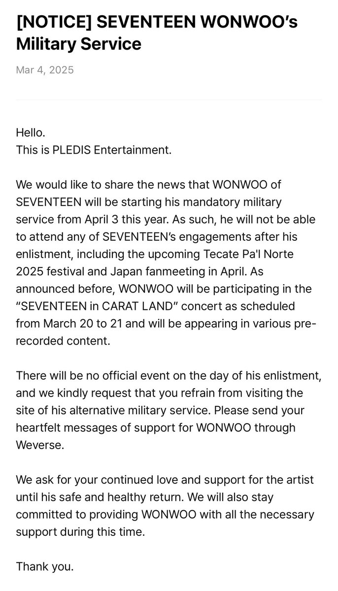 wonwoo's enlistment notice “Hello. This is PLEDIS Entertainment