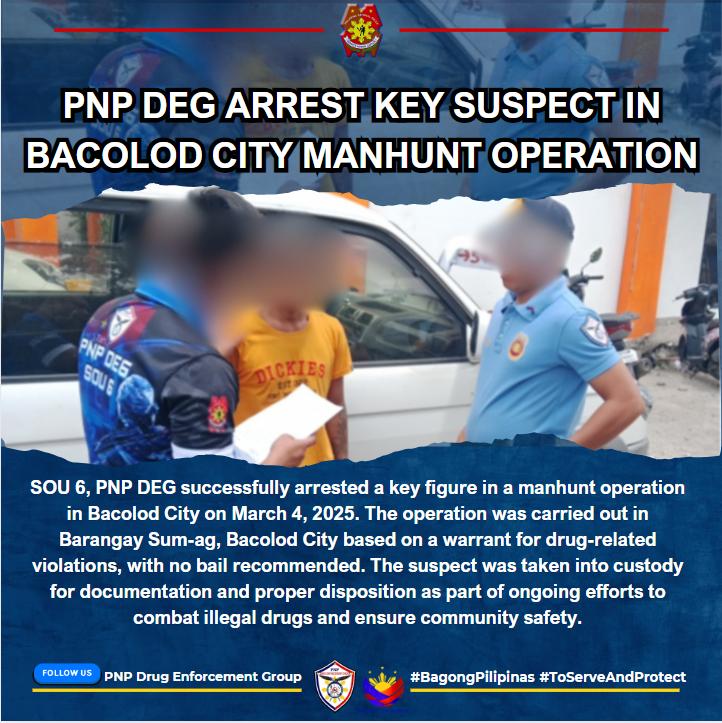 PNP_DEG's tweet photo. 𝐏𝐫𝐞𝐬𝐬 𝐑𝐞𝐥𝐞𝐚𝐬𝐞 || 𝐌𝐚𝐫𝐜𝐡 𝟓, 𝟐𝟎𝟐𝟓

𝐏𝐍𝐏 𝐃𝐄𝐆 𝐀𝐑𝐑𝐄𝐒𝐓 𝐊𝐄𝐘 𝐒𝐔𝐒𝐏𝐄𝐂𝐓 𝐈𝐍 𝐁𝐀𝐂𝐎𝐋𝐎𝐃 𝐂𝐈𝐓𝐘 𝐌𝐀𝐍𝐇𝐔𝐍𝐓 𝐎𝐏𝐄𝐑𝐀𝐓𝐈𝐎𝐍
 
Read more: https://t.co/FuJXKB6NyZ

#SaBagongPilipinasAngGustongPulisLigtasKa
#ToServeandProtect https://t.co/h8CL5adAJS