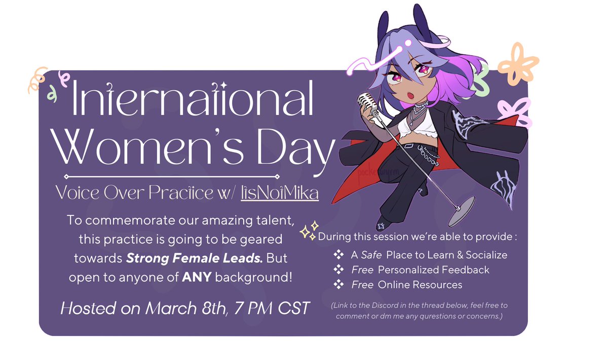 With International Women's Day, along with a collab from <a href="/GuildofVoices/">Guild of Voices</a>, we present to you..... 🥁

A Voice Acting Practice for everyone❣️

I know it's been a bit dry this VA season so I thought it'd be nice to give back with the knowledge I've gained over the years. 🫶🫶