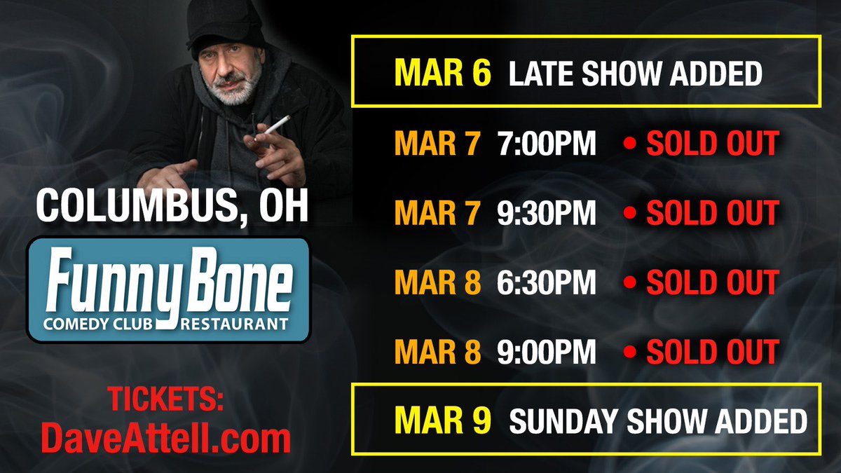 Dave Attell (@attell) on Twitter photo Heading to <a href="/FunnyBoneCbus/">Funny Bone Columbus</a> - Thurs Late Show & Sunday Show added! Can’t wait - gonna be a fun weekend
Tix @ DaveAttell.com Heading to <a href="/FunnyBoneCbus/">Funny Bone Columbus</a> - Thurs Late Show & Sunday Show added! Can’t wait - gonna be a fun weekend
Tix @ DaveAttell.com