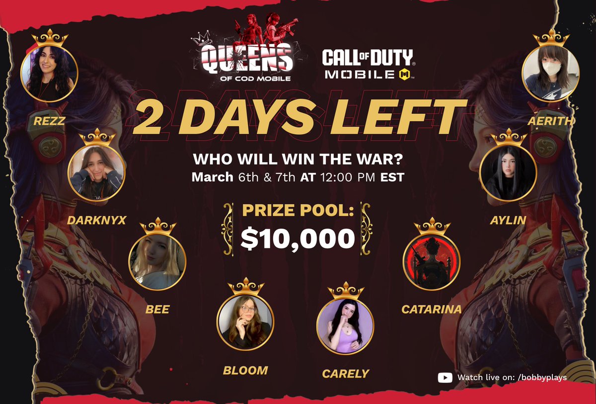 👑 2 Days Until Queens of CODM! 👑

The battlefield is set, the teams are ready—now it’s time for the Queens to lead their squads to victory! ⚔️🔥

Join us March 6th at 12 PM EST for Day 1 of the $10,000 Queens of CODM!

Don't miss the action! 📺 

#QueensOfCODM #CODMobile