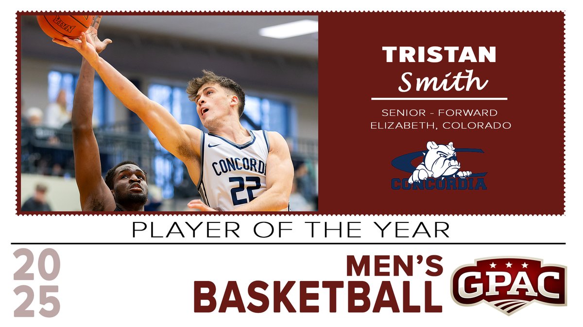 Great Plains Athletic Conference (@gpacsports) on Twitter photo MEN'S BASKETBALL: Tristan Smith of <a href="/cunebulldogs/">Concordia Bulldogs</a> highlights the 2024-25 GPAC Men's Basketball All-Conference Teams.
For a complete list of honors:
tinyurl.com/gpacmbb25ac MEN'S BASKETBALL: Tristan Smith of <a href="/cunebulldogs/">Concordia Bulldogs</a> highlights the 2024-25 GPAC Men's Basketball All-Conference Teams.
For a complete list of honors:
tinyurl.com/gpacmbb25ac