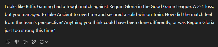 6-2
Last game on Sunday, and then some major hatewatching going down on Tuesday. 
Here's GPT's response to me copy pasting the entire match page without context: