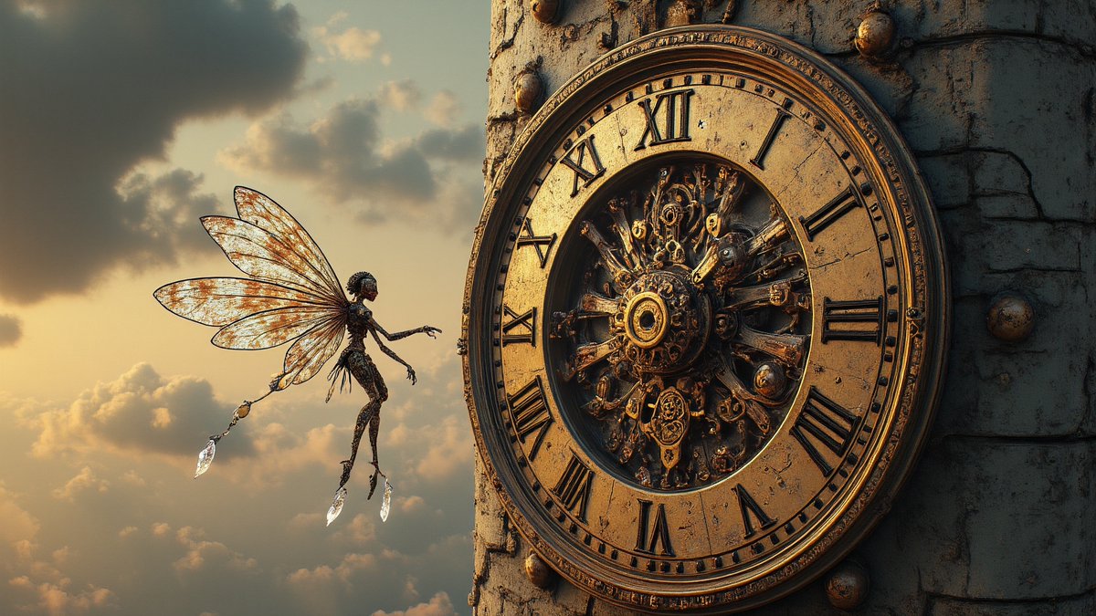 PromptSin's tweet image. A whimsical fairy dances by a giant clock, blending time with magic. ⏳✨ #SurrealArt #Fantasy #CreativeDreams