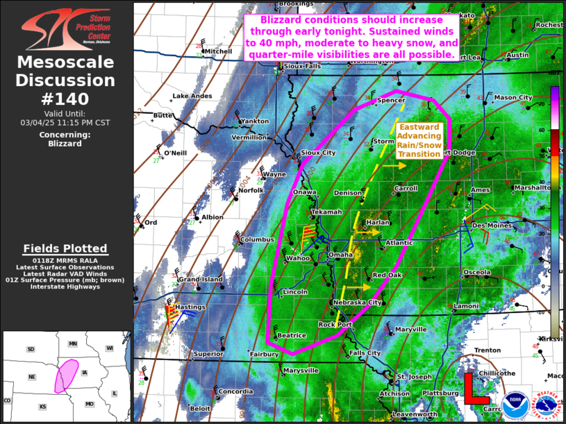 Winds are increasing along the Iowa Nebraska border at 730 pm with Omaha just gusting to 65 mph.  A new mesoscale discussion regarding blizzard conditions has just been issued  for western Iowa.  #iawx