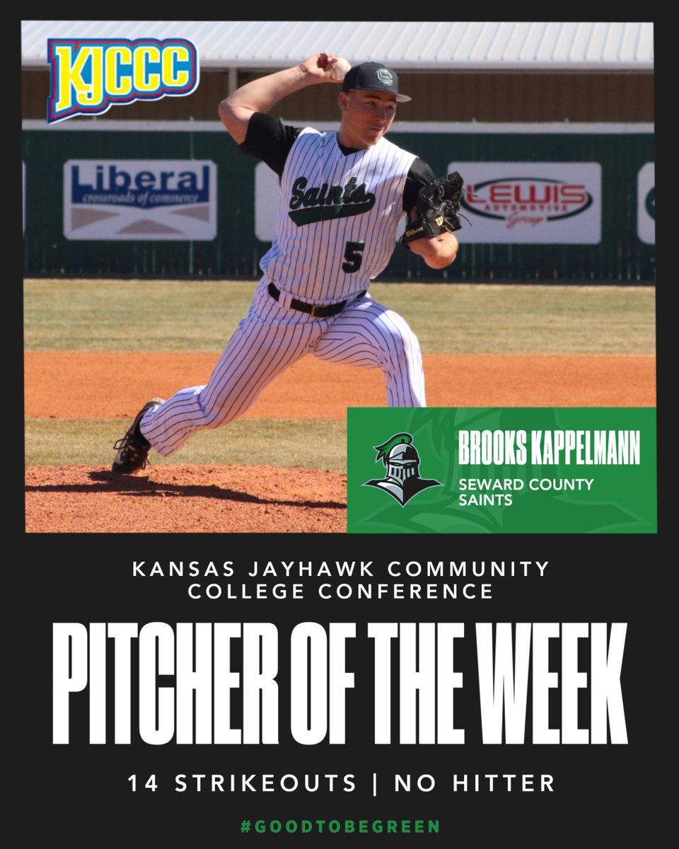 Congratulations to Brooks Kappelmann as his 14 strikeouts &amp; no hitter performance vs. Otero earns him KJCCC West Pitcher of the Week Honors! #GoodToBeGreen