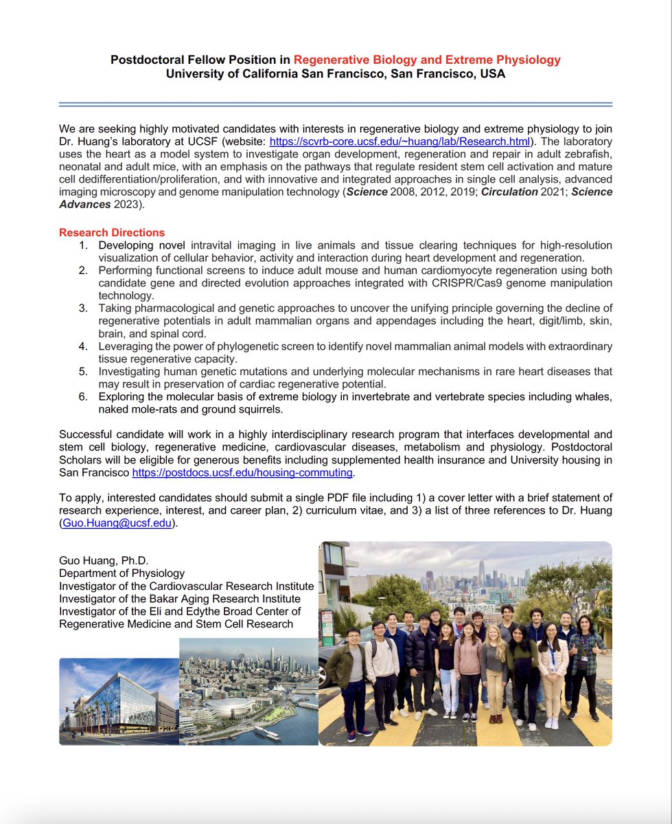 GuoHuangLab(黄果实验室)@UCSF #Open postdoc position (@guonhuang) on Twitter photo We're recruiting postdocs interested in regenerative biology and extreme physiology! Join us to study non-model mammalian species and rare human individuals to uncover groundbreaking insights. #RegenerativeBiology
#ExtremePhysiology
<a href="/ISRBio/">International Society for Regenerative Biology</a>
<a href="/AHAMeetings/">AHAMeetings</a>
<a href="/SocDevBio/">Society for Developmental Biology</a>
<a href="/EvoDevoPanAm/">EvoDevo PanAm</a> We're recruiting postdocs interested in regenerative biology and extreme physiology! Join us to study non-model mammalian species and rare human individuals to uncover groundbreaking insights. #RegenerativeBiology
#ExtremePhysiology
<a href="/ISRBio/">International Society for Regenerative Biology</a>
<a href="/AHAMeetings/">AHAMeetings</a>
<a href="/SocDevBio/">Society for Developmental Biology</a>
<a href="/EvoDevoPanAm/">EvoDevo PanAm</a>
