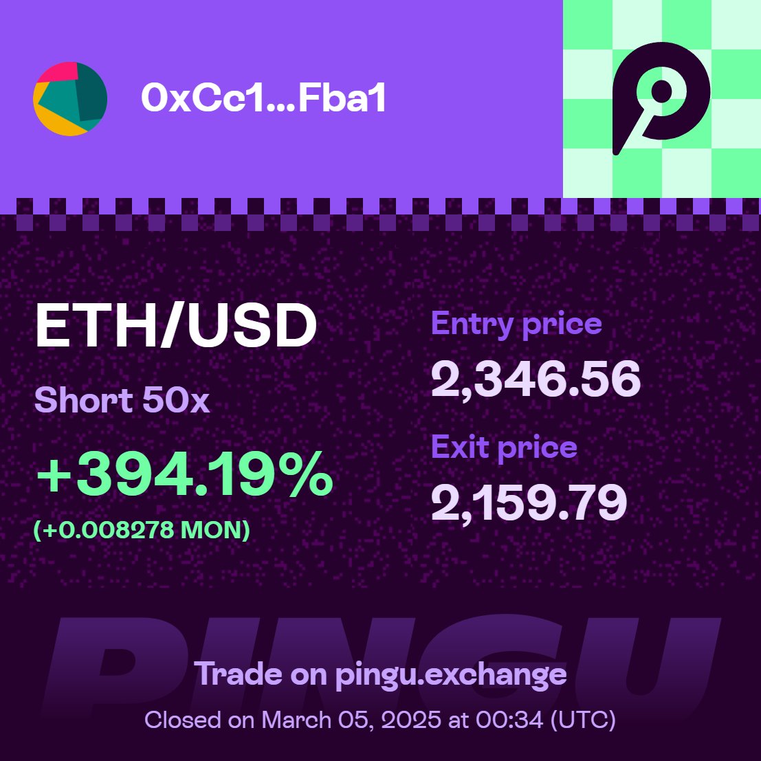 sigeswo's tweet photo. Just scored a big win in the weekly Icebreaker Trading Contest hosted by @PinguExchange on the @monad_eco testnet!, Think you can out-trade me? Join in, trade with testnet $MON and win real USDC rewards! #PinguXMonad   
0xCc1953e72E99f01bb8BA253C8Fd186970a12Fba1 https://t.co/ibhFkIGtsw
