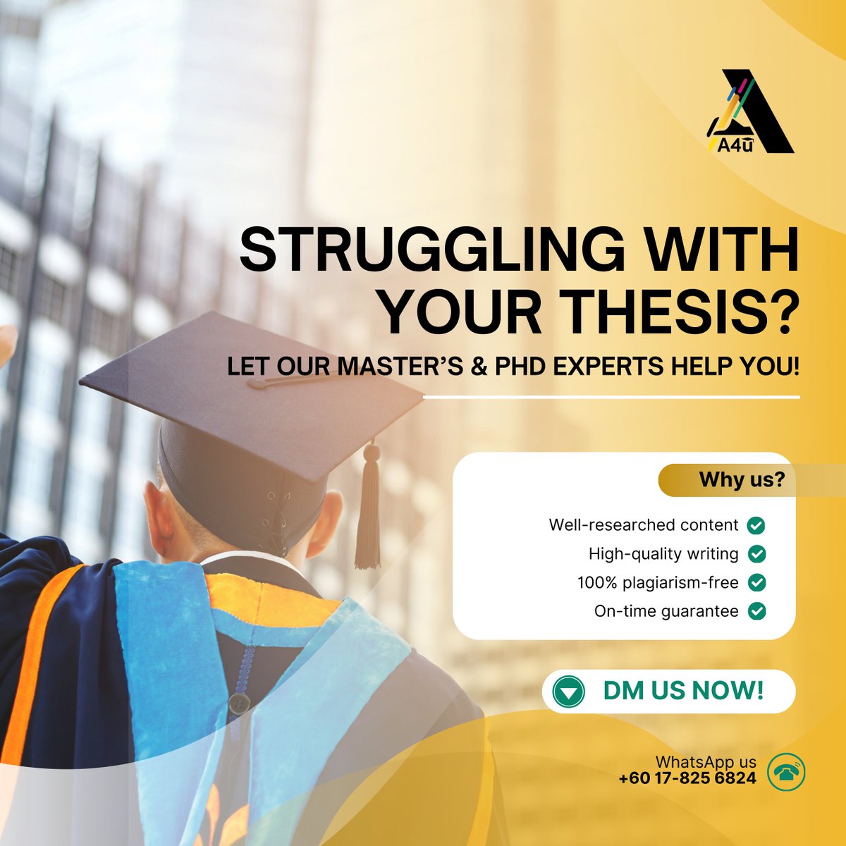 assignment4u_'s tweet image. Master’s &amp;amp; PhD students, don’t risk your thesis! 📚
Get professional help from expert academic writers. We ensure quality, originality, and on-time delivery. 

DM us now to get started! #ThesisHelp #AcademicWriting