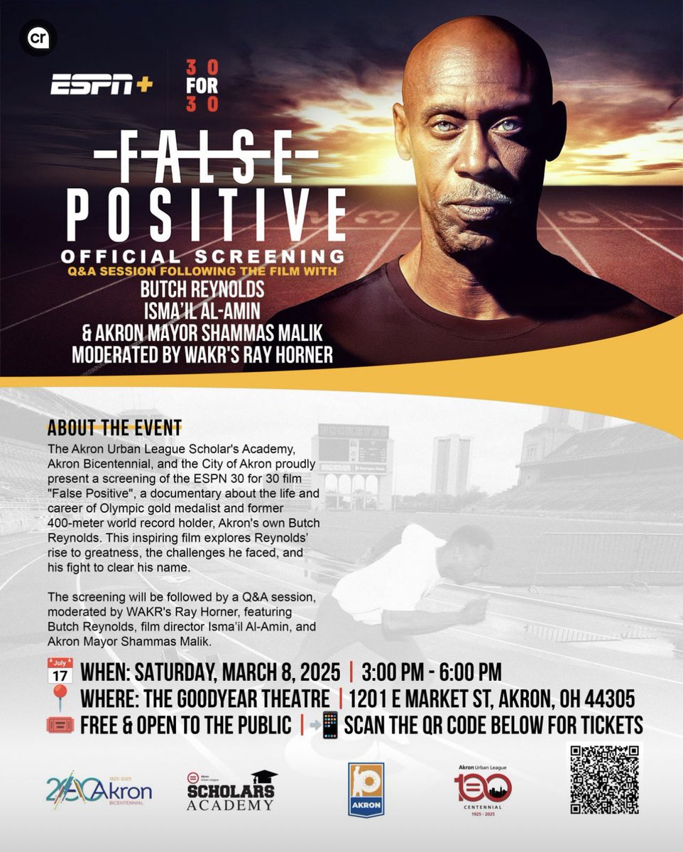 Don’t miss our screening of the Butch Reynolds Documentary "False Positive”Saturday, March 8th, 3pm at The Goodyear Theater, followed by a Q&amp;A with Butch Reynolds, filmmaker, Isma’il Al-Amin, and Akron Mayor Shammas Malik, moderated by Ray Horner! Free admission.