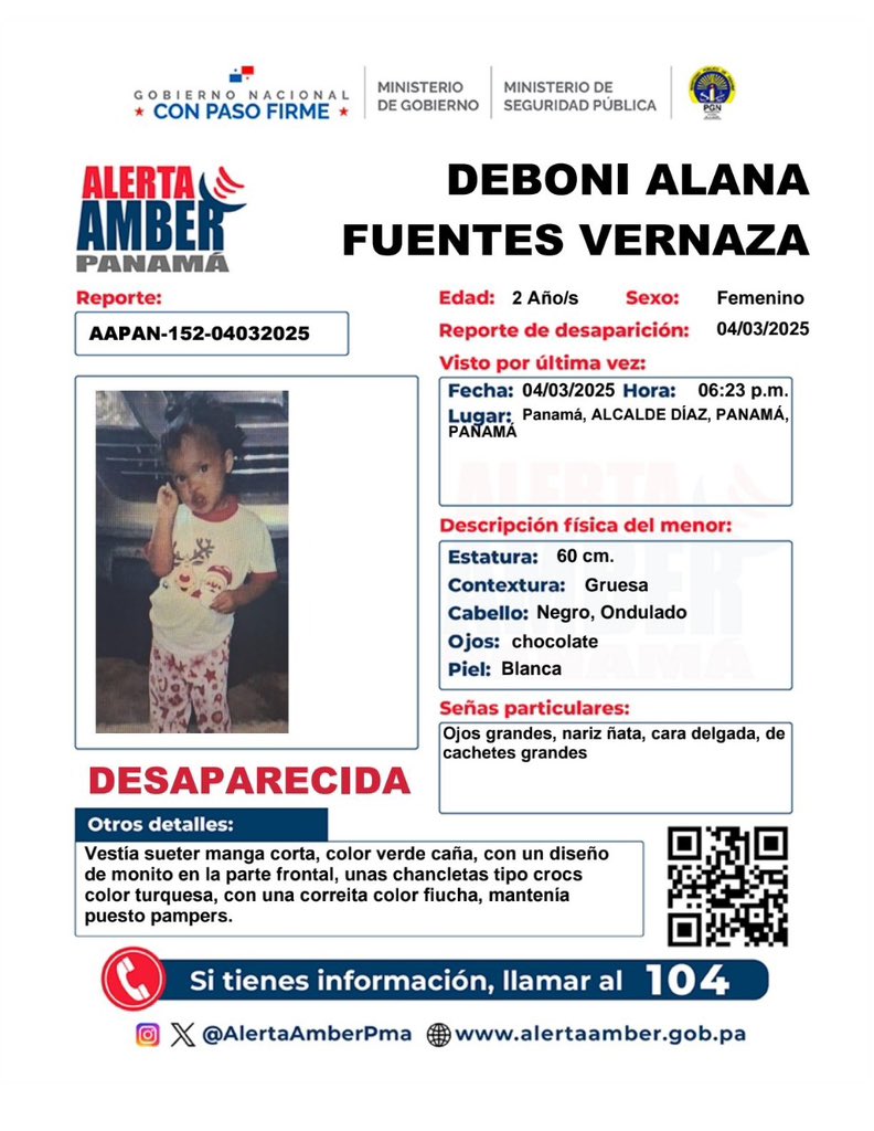 Se procede a la activación de la Alerta Amber por DEBONI ALANA FUENTES VERNAZA, y en consecuencia se solicita la colaboración de la ciudadanía.