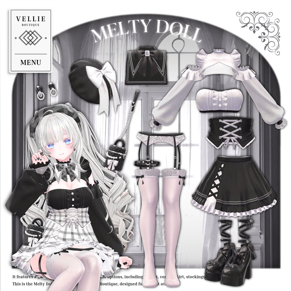 VELLIE_BOUTIQUE's tweet photo. 今日18時からブース先行公開＆RTプレゼントイベント開催予定だよ!✨

【Melty Doll】のパーツ詳細大公開(⁎˃ᴗ˂⁎)♡

1. フリルとリボンたっぷりで甘くてちょっぴりシックなスタイル🎀

2. アクセもパーフェクト！バッグもヘアアクセも全部セットで、細かいとこまで可愛い

3. ガーター＆レースのディテールで、ちょっぴり大人っぽセクシーな雰囲気もプラス❣️

4.お洋服とぴったりなネイルも完備！リボン＆パールのデザインで指先まで可愛く

ぜひチェックしてね～(๑•ᴗ•๑)

#VRChat #VELLIE