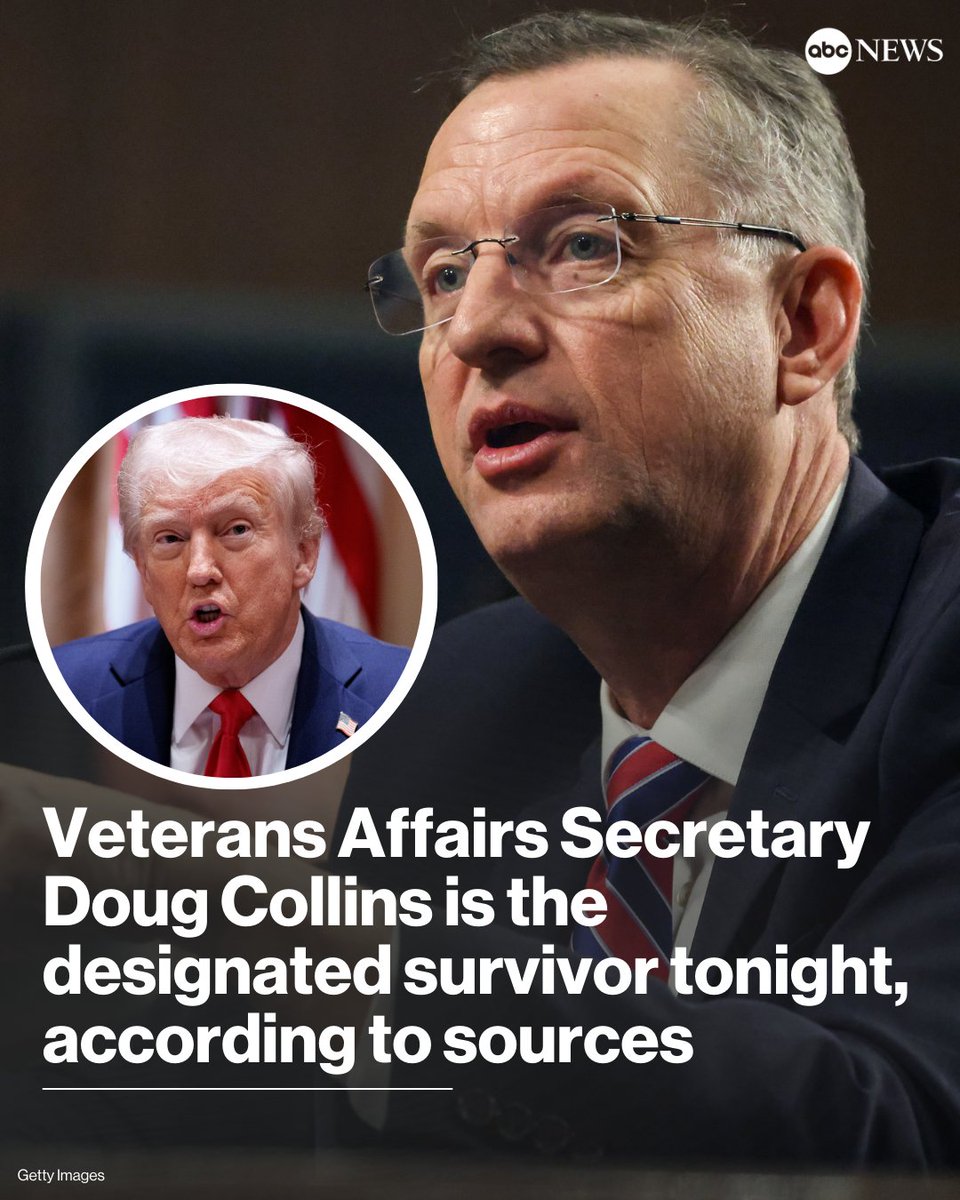 Veterans Affairs Secretary Doug Collins will sit out on Trump's joint address to Congress as the designated survivor, multiple sources tell ABC News.

Read more: abcnews.link/toFL1AE