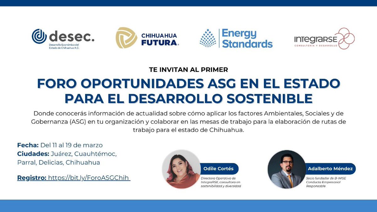 De la mano de mi <a href="/IntegraRSEmx/">IntegraRSE</a> y <a href="/BWiseRBC/">B-WISE Responsible Business Conduct</a>, dirigiremos del 11 al 19 de Marzo, los foros consultivos en materia de #ESG que se llevarán a cabo en #Chihuahua, entablando diálogos y mesas de trabajo con los distintos sectores.

Aquí la liga para el registro, bit.ly/ForoASGChih