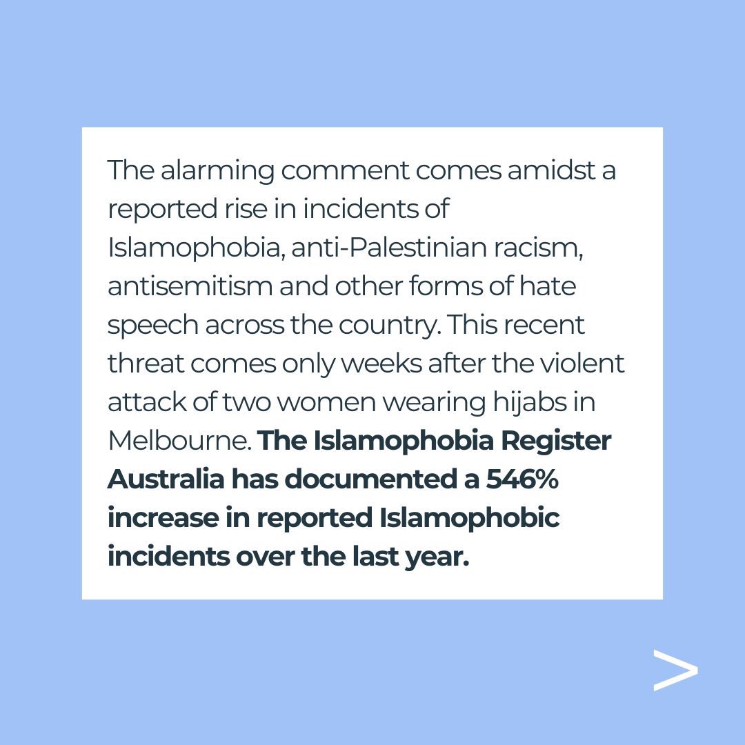 jewishcouncilAU's tweet image. The Jewish Council of Australia strongly condemns comments made on the Instagram page of a mosque in western Sydney, threatening ‘Christchurch 2.0’. 

This threat is part of a broader trend of Islamophobia and rising far-right extremism and white supremacist organising in…