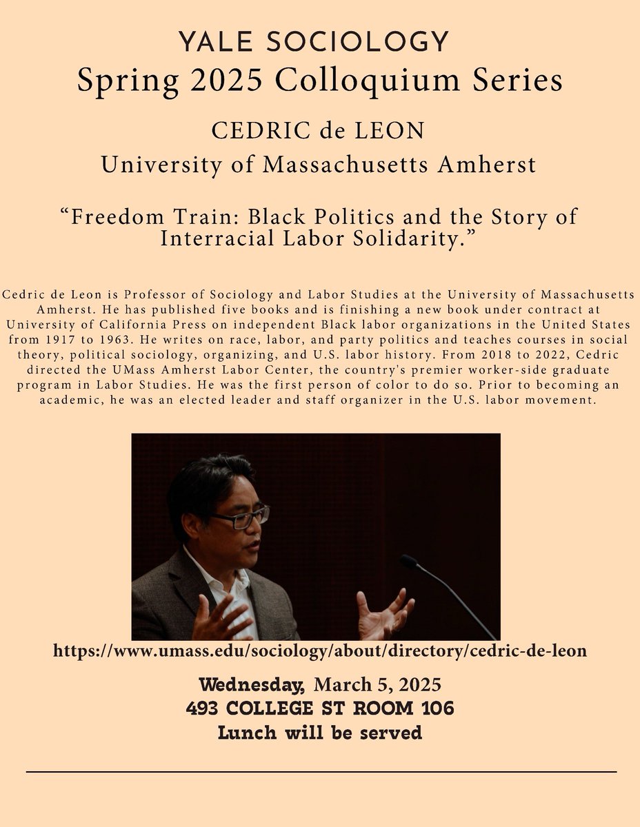 Cedric de Leon (@prof_deleon) on Twitter photo New Haven friends: I’ll be back from sabbatical for a one day engagement at Yale to present on my new book, Freedom Train. The talk is at 12 noon Wed, March 5 at 493 College St, Room 106. Hope to see you there! <a href="/ucpress/">University of California Press (is on Bluesky)</a> <a href="/NaomiUCPress/">Naomi Schneider</a> <a href="/YaleSoc/">Yale Sociology</a> New Haven friends: I’ll be back from sabbatical for a one day engagement at Yale to present on my new book, Freedom Train. The talk is at 12 noon Wed, March 5 at 493 College St, Room 106. Hope to see you there! <a href="/ucpress/">University of California Press (is on Bluesky)</a> <a href="/NaomiUCPress/">Naomi Schneider</a> <a href="/YaleSoc/">Yale Sociology</a>