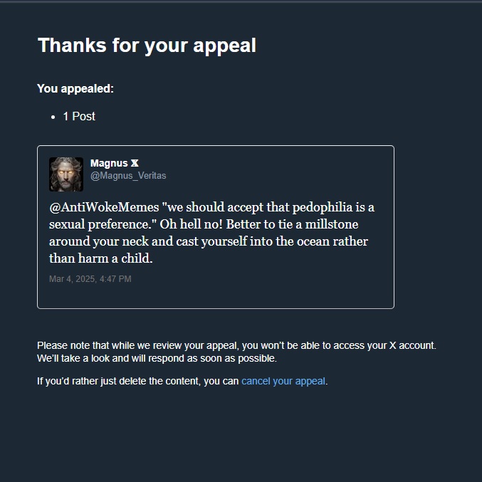 truthseeker108's tweet photo. X protects pedophiles and restricts our free speech.

7 day suspension for this? https://t.co/9yXHyaHYO0