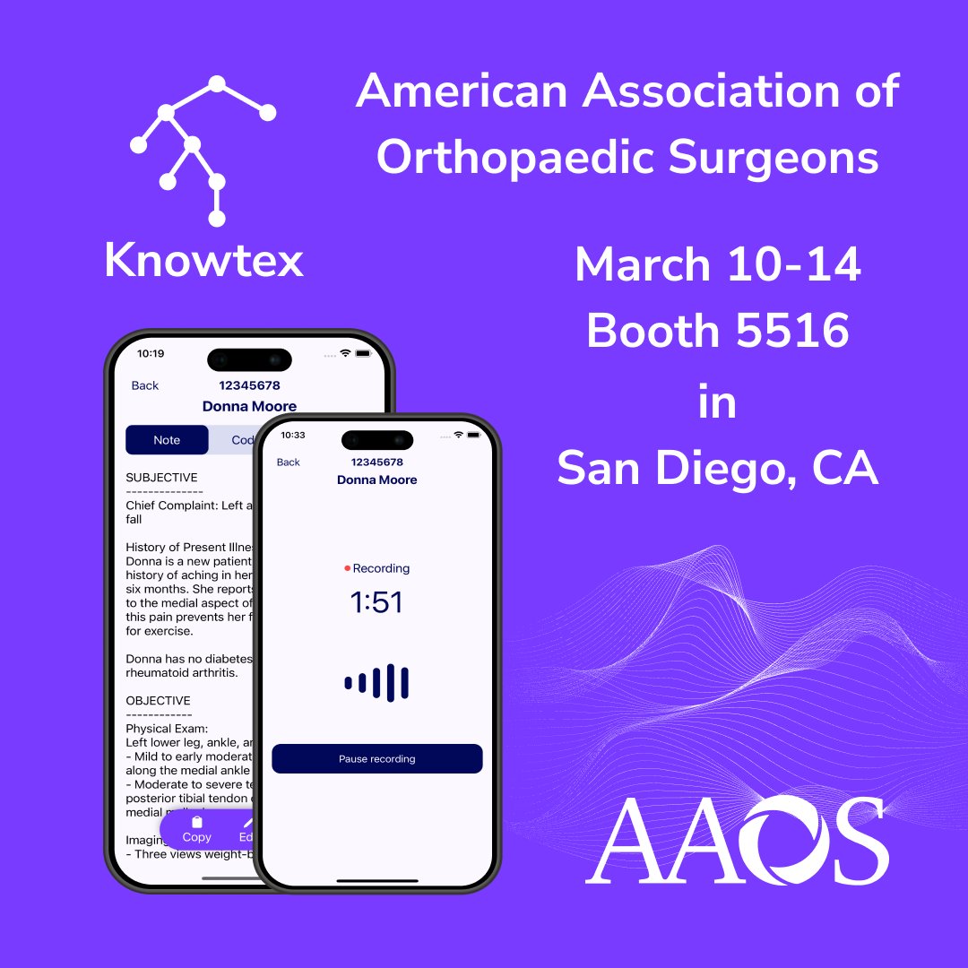See You at AAOS 2025!

We’re heading to the American Association of Orthopaedic Surgeons meeting 2025, next week in the beautiful San Diego, CA!

Schedule your live demo here today: hubs.ly/Q039lVk_0

#Knowtex #AAOS25 #Orthopaedics #AIforDoctors #AmbientBilling