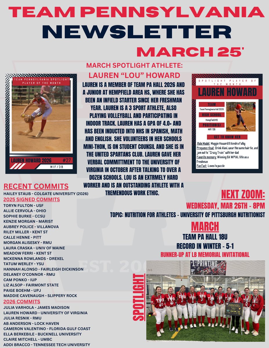 Team Pennsylvania Fastpitch (@teampafastpitch) on Twitter photo March Spotlight Player of the Month!!
<a href="/LHoward2026/">Lauren Howard</a>
Giving a shoutout to our TEAM PA Spotlight player!! 💪🔦
Congrats Lou keep working hard and representing the ❤️🤍💙
Lou is a 2026 commit to <a href="/UVASoftball/">Virginia Softball</a>
<a href="/teampahall/">Team PA Hall 18U & Team PA Hall 2026</a>
#teampaproud #spotlightplayer March Spotlight Player of the Month!!
<a href="/LHoward2026/">Lauren Howard</a>
Giving a shoutout to our TEAM PA Spotlight player!! 💪🔦
Congrats Lou keep working hard and representing the ❤️🤍💙
Lou is a 2026 commit to <a href="/UVASoftball/">Virginia Softball</a>
<a href="/teampahall/">Team PA Hall 18U & Team PA Hall 2026</a>
#teampaproud #spotlightplayer