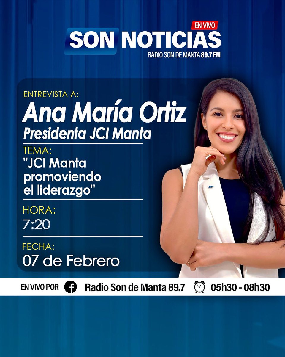 JCIManta's tweet image. 📻✨ ¡Haciendo eco en los medios locales! 🎙️💙

Nuestra Presidenta Local 2025, Ana María Ortiz, tuvo la oportunidad de visitar Radio Son de Manta, donde conversó sobre qué es la JCI, nuestras actividades y los proyectos que marcan nuestra visión para este año. 🌟