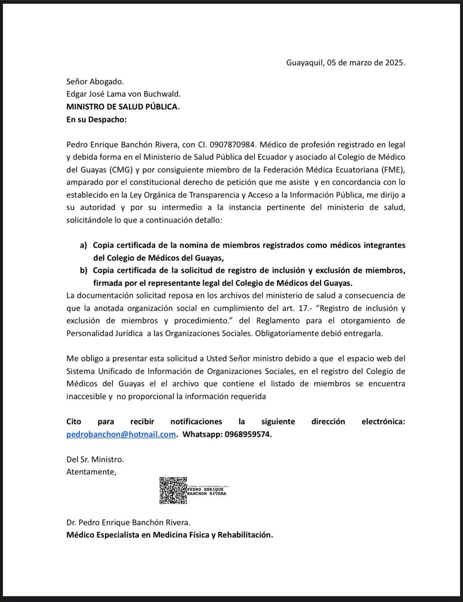 He procedido a solicitar al Ministerio de Salud Publica , la nómina de miembros debidamente registrados en el Colegio de Médicos del Guayas . 
Vamos a ver cuantos mismo somos los que legalmente estamos registrados ante la autoridad competente tal lo exige la ley !!