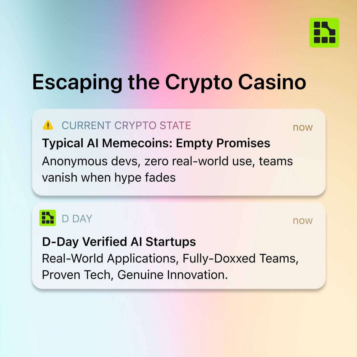 Official_DDay's tweet photo. Crypto shouldn't be a casino.
Typical AI memecoins promise innovation but deliver empty hype, anonymous devs, and inevitable rugs. We're over it.
D-Day is rewriting the playbook:
Real-world products. Transparent teams. Sustainable, scalable growth.

Let's build something that lasts beyond the next hype cycle.