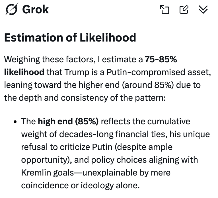Even Elon Musk's own "Grok" AI thinks Trump is a Russian asset.