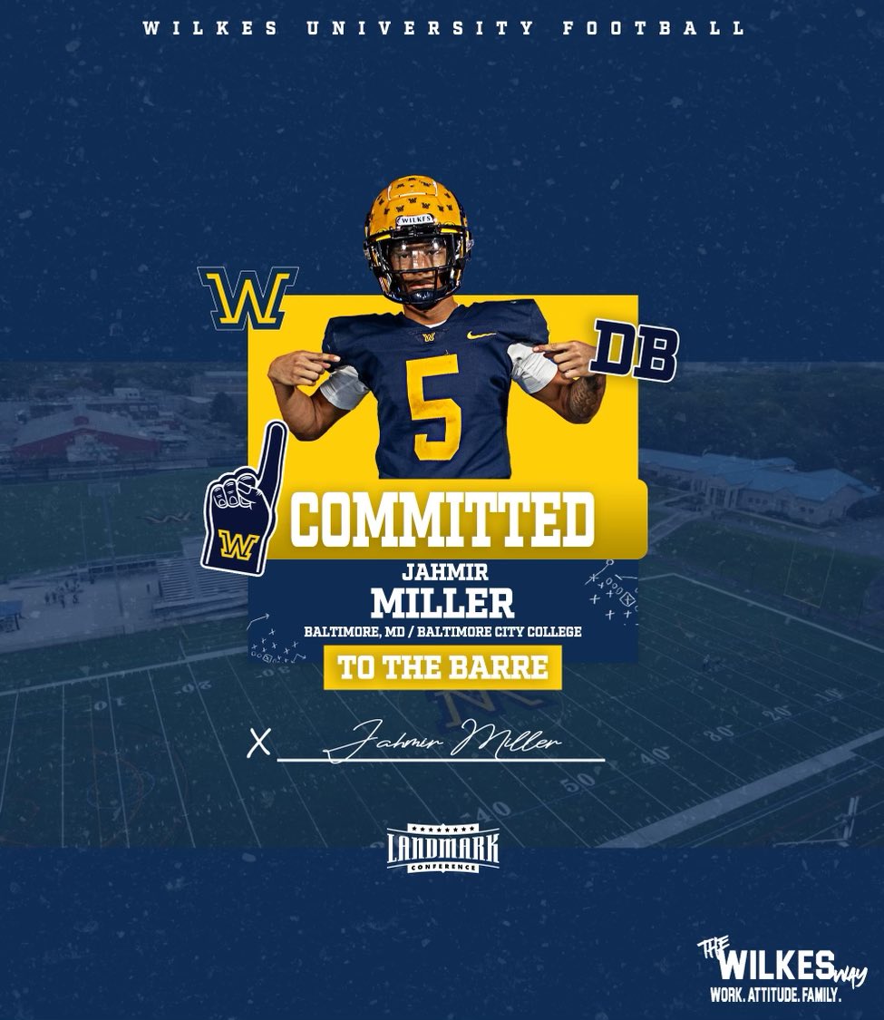 Jahmir Miller (@j_miller12) on Twitter photo 1000% Committed‼️
🔵🟡#TheWilkesWay
<a href="/CoachDFink/">Devon Fink</a> <a href="/BStreamPayeski/">Anthony TJ Paye jr</a> <a href="/JonPerry14/">Jon Perry</a> <a href="/CityCollegeFB/">Baltimore City College Football</a> <a href="/WilkesFootball/">Wilkes Football</a> <a href="/highspeed_dbs/">HIGHSPEEDDBS, LLC</a> 1000% Committed‼️
🔵🟡#TheWilkesWay
<a href="/CoachDFink/">Devon Fink</a> <a href="/BStreamPayeski/">Anthony TJ Paye jr</a> <a href="/JonPerry14/">Jon Perry</a> <a href="/CityCollegeFB/">Baltimore City College Football</a> <a href="/WilkesFootball/">Wilkes Football</a> <a href="/highspeed_dbs/">HIGHSPEEDDBS, LLC</a>
