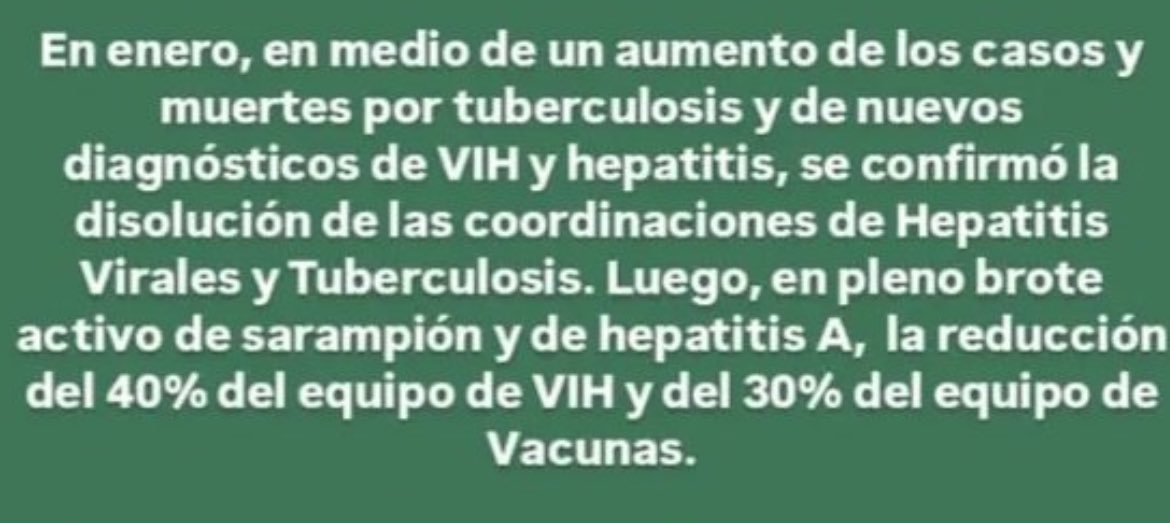 Renunciaron todos los médicos de las direcciones de Vacunas, VIH, Lepra y Tuberculosis que trabajaban en Salud. 

"No vamos a ser parte de un Ministerio que no puede dar respuestas a las obligaciones básicas que marca la ley", comunicaron.