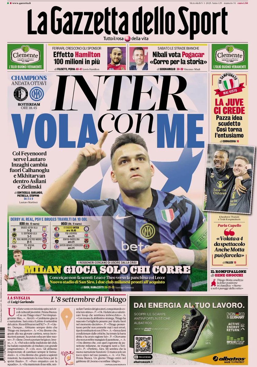 Infofatti's tweet photo. Prima Pagina "La Gazzetta dello Sport" di mercoledì 5 marzo 2025 https://t.co/KI4DlvoGtx