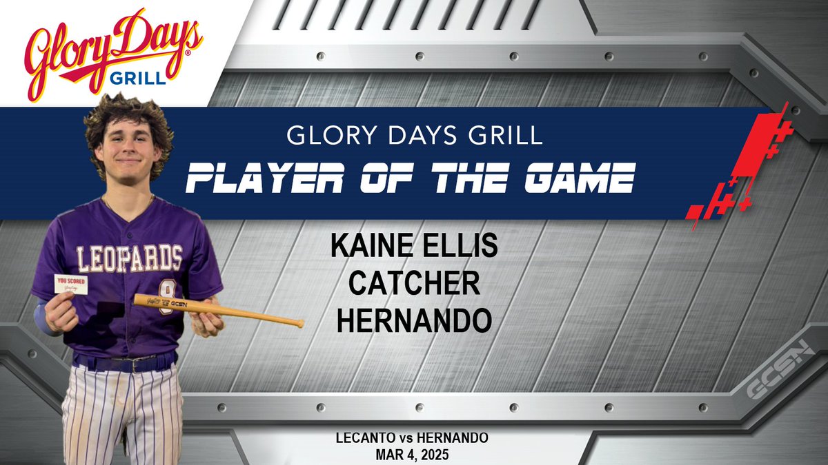 GulfCoastSportsNetwork (@gcsnbroadcasts) on Twitter photo Gulf Coast Sports Network would like to congratulate Kaine Ellis for being named the Glory Days Player of the Game on our Mar 4, 2025 broadcast! Full replay on our YT channel! <a href="/KaineEllis1/">Kaine Ellis</a> <a href="/leopardsath/">Hernando Athletics</a> <a href="/hernbaseball/">HERNANDO LEOPARDS BASEBALL</a> <a href="/HernandoCo_Ath/">Hernando School District Athletics</a> <a href="/Andy_Villamarzo/">Andy Villamarzo</a> #baseball #hsbaseball Gulf Coast Sports Network would like to congratulate Kaine Ellis for being named the Glory Days Player of the Game on our Mar 4, 2025 broadcast! Full replay on our YT channel! <a href="/KaineEllis1/">Kaine Ellis</a> <a href="/leopardsath/">Hernando Athletics</a> <a href="/hernbaseball/">HERNANDO LEOPARDS BASEBALL</a> <a href="/HernandoCo_Ath/">Hernando School District Athletics</a> <a href="/Andy_Villamarzo/">Andy Villamarzo</a> #baseball #hsbaseball