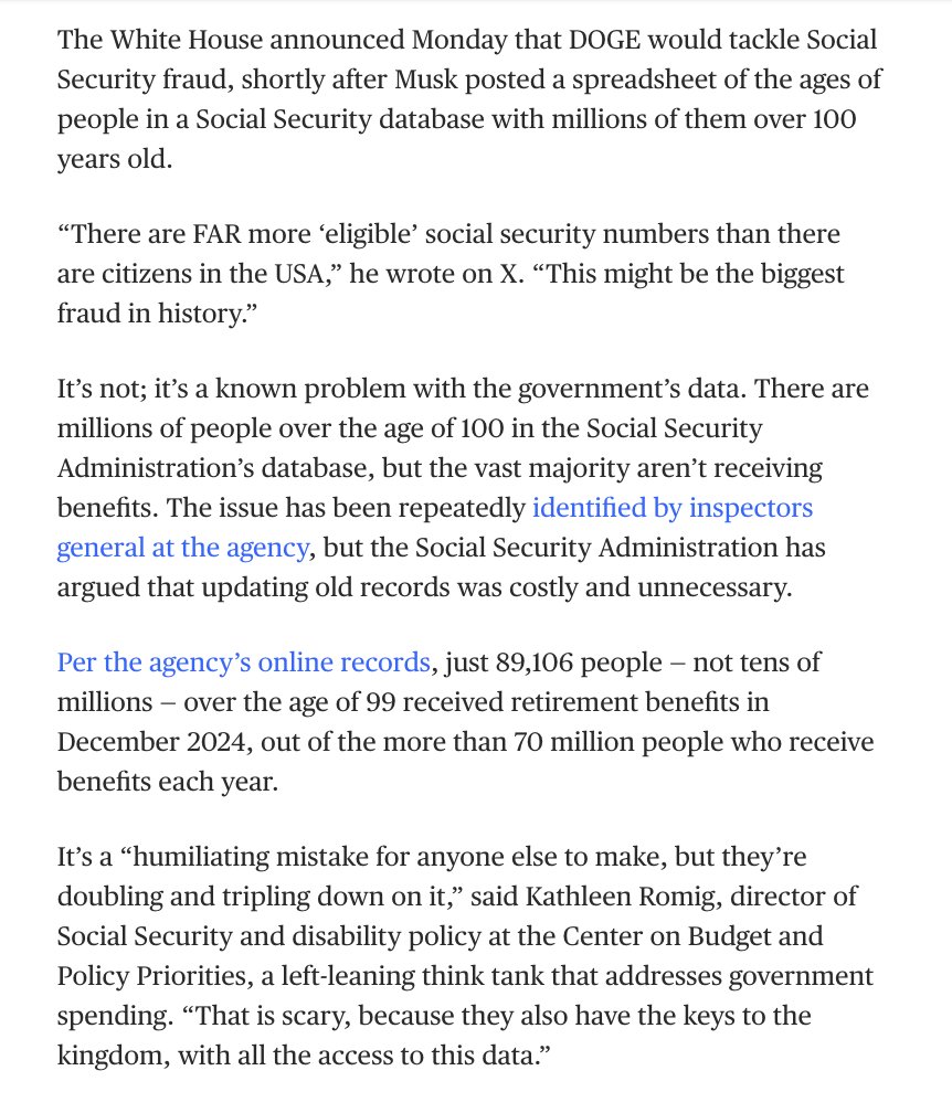 Fact check: Trump falsely said tonight there were millions of people receiving government benefits who were well over 100-years-old and even 200 and 300. 

From <a href="/janestreet/">Jane C. Timm</a>'s February piece, which quoted someone calling DOGE's mistake on this "humiliating."