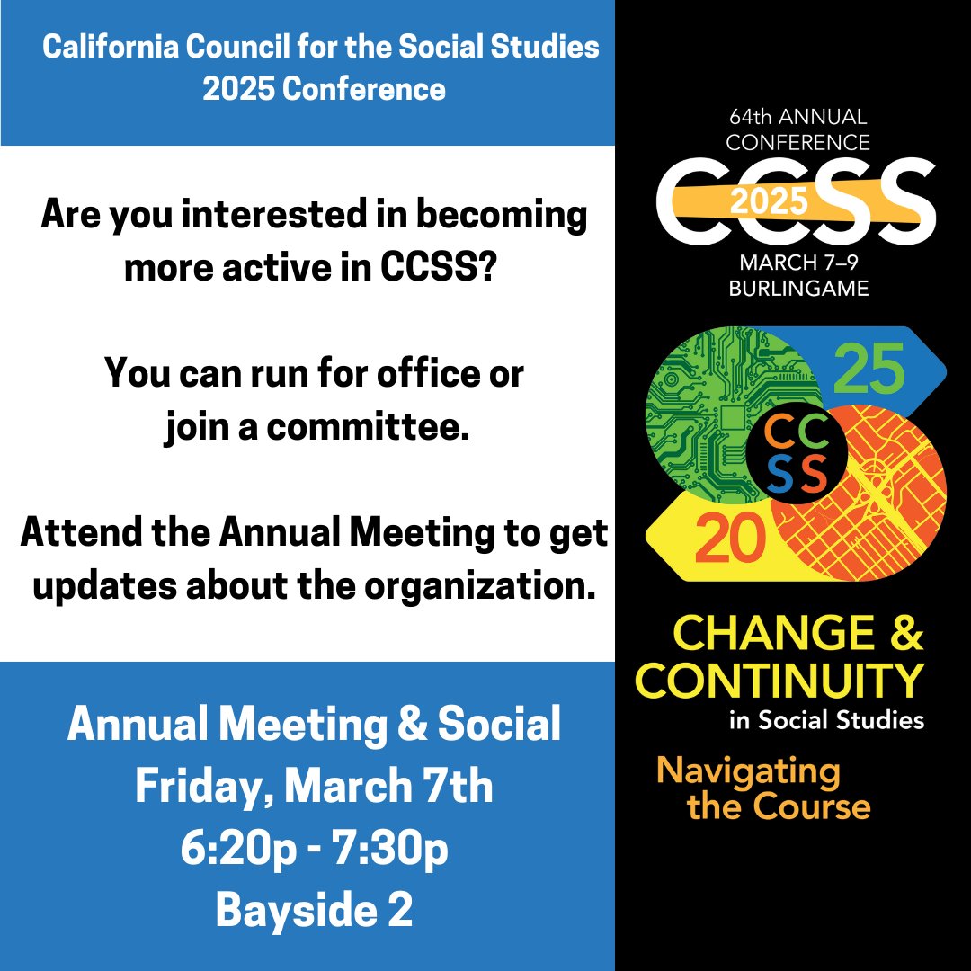 Do you want to know more about our organization and #CCSS25? Our Annual Meeting includes information about future events and time to connect with our committees who make everything happen. If you are interested in being more involved, please come by Bayside 2 at 6:20p on Friday.